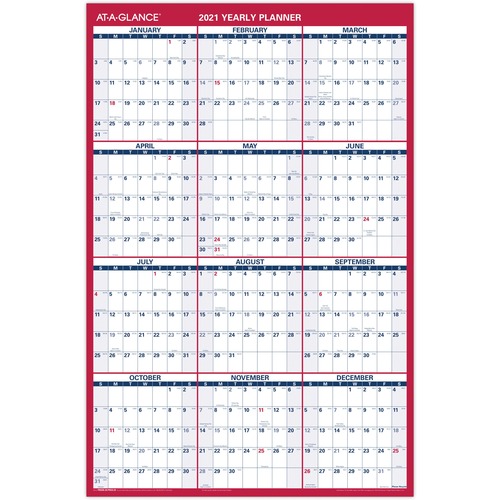 Erasable Wall Calendar,2-Sided,Horz/Vert,36"x24",Red/Blue