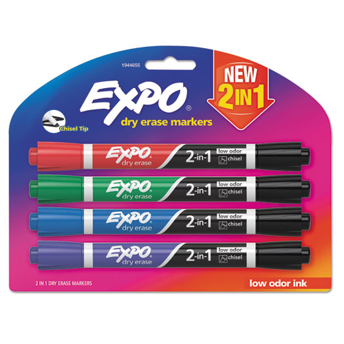 Dry-Erase Marker, 2-in-1, Chisel Tip, Low-Odor, 4/PK, AST