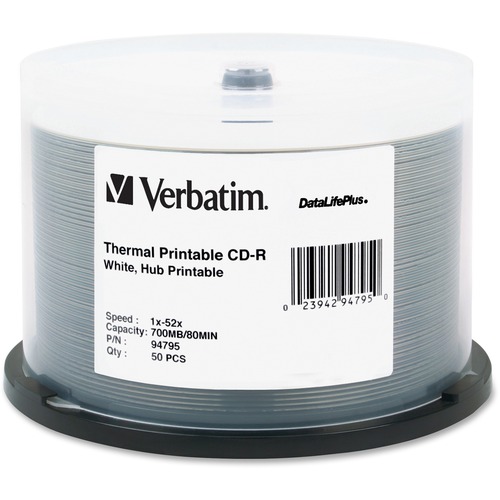CD-R, 52X, 700MB, White Thermal Printable, 50PK