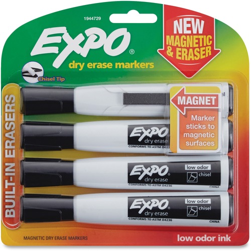 Dry-Erase Markers, Low Odor, Chisel Tip, 4/PK, BK